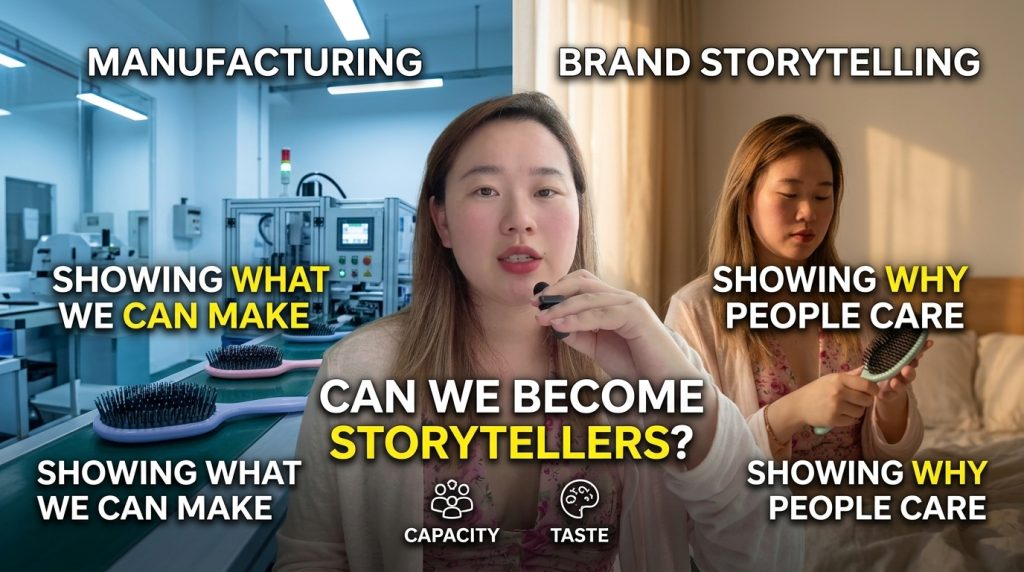 Infographic comparing Chinese manufacturing capacity with brand storytelling in the beauty tools industry, featuring a split-screen design of a factory assembly line and a lifestyle hairbrush usage scene