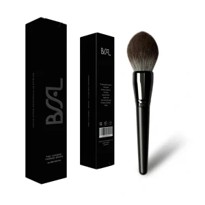 Professional tapered powder brush BR0102001701 by BSFL, featuring minimalist luxury matte black packaging for B2B wholesale.
