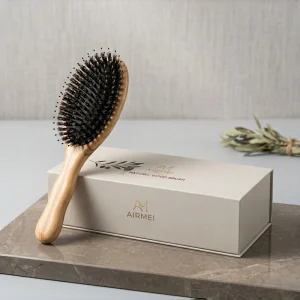 BSFL premium wooden hair brush with natural boar bristles, presented in a luxury gift box.