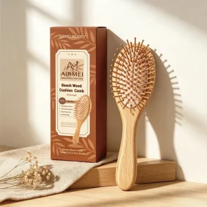 AIRMEI beech wood hairbrush with custom retail box on shelf