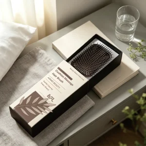 AIRMEI paddle hairbrush with custom retail box on bed table