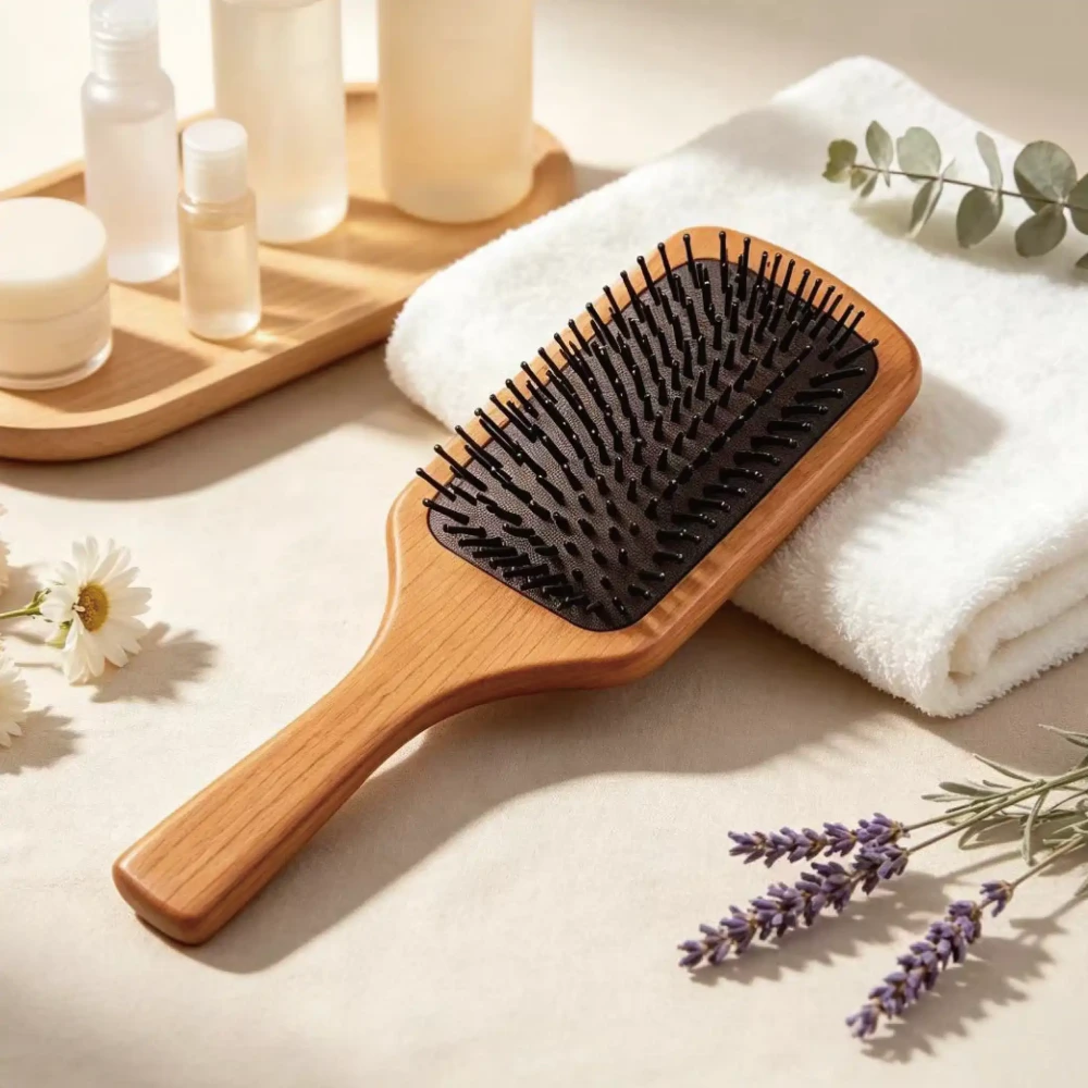 BSFL beech wood cushion hairbrush on white towel on vanity desk