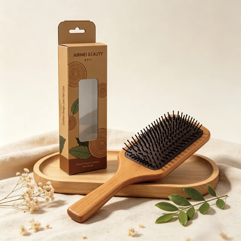 BSFL beech wood cushion hairbrush with custom brown packaging box