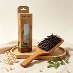 BSFL natural beech wood paddle hairbrush with custom kraft window packaging box