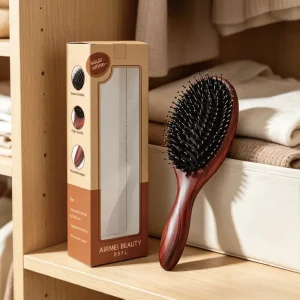 BSFL boar bristle hairbrush with custom retail window box on shelf