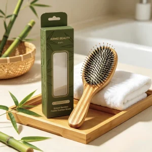 BSFL boar bristle hairbrush next to custom green window box on wooden tray