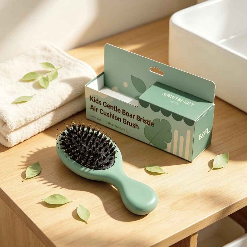 BSFL sage green mini boar bristle cushion hairbrush with custom packaging box