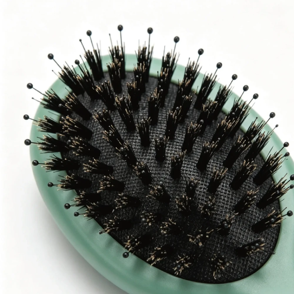 BSFL mini boar bristle cushion hairbrush showing boar bristles and nylon pins