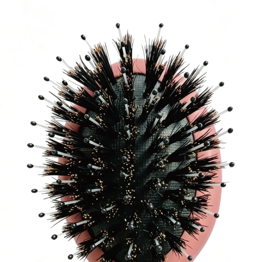 BSFL mini boar bristle cushion hairbrush showing boar bristles and nylon pins
