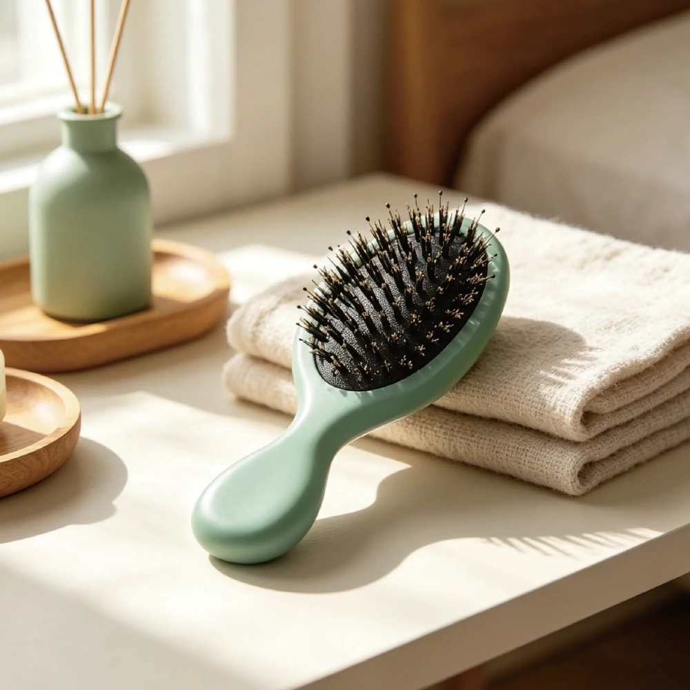 BSFL mini sage green boar bristle cushion hairbrush on bathroom vanity