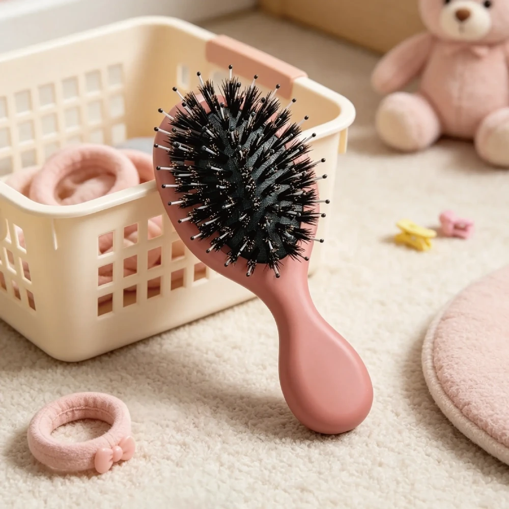 BSFL mini dusty rose boar bristle cushion hairbrush in kids room desk