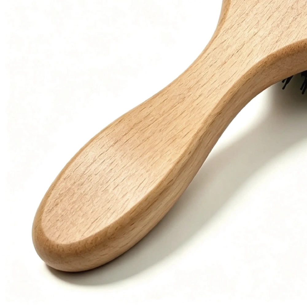 BSFL natural beechwood boar bristle hairbrush handle with ergonomic curve and smooth finish