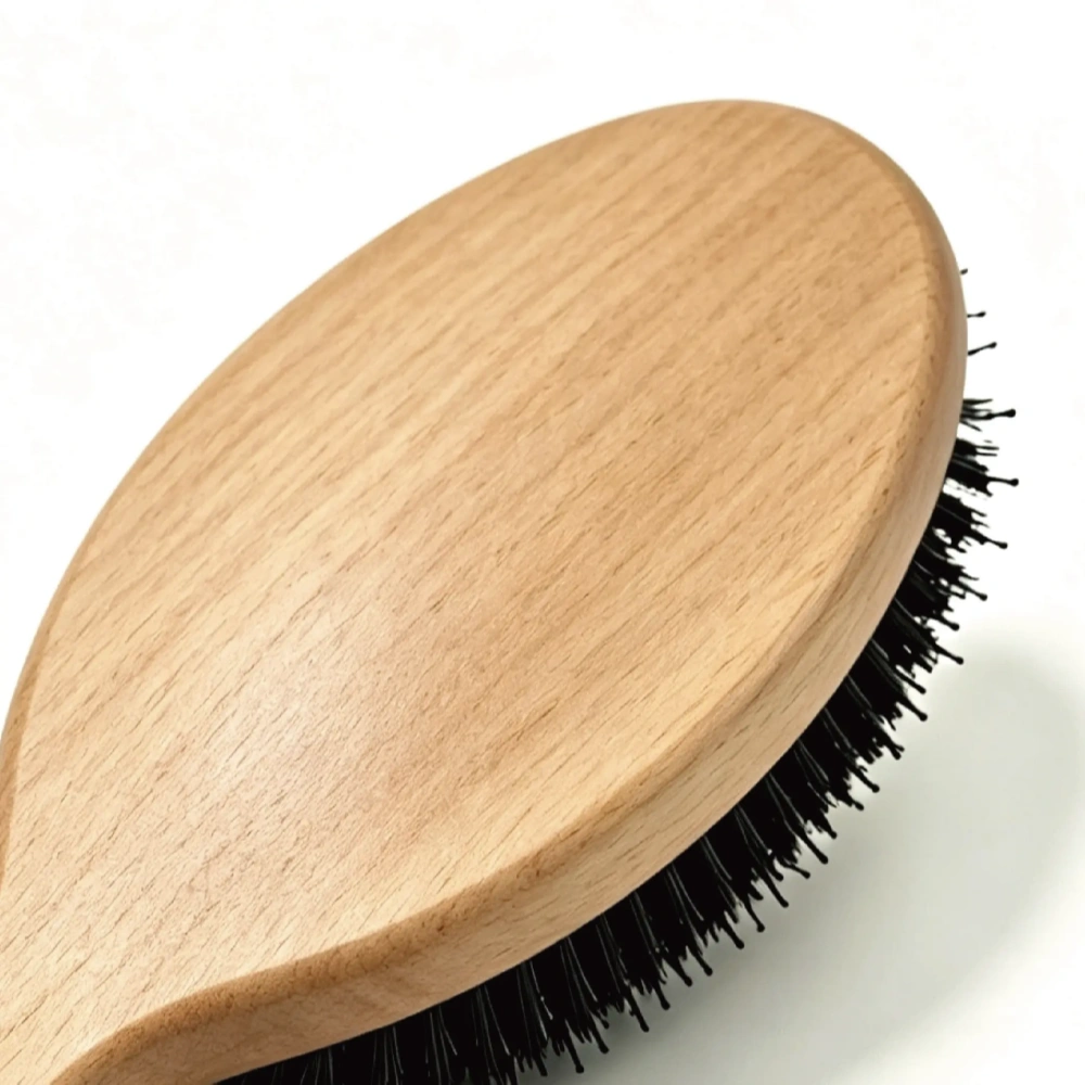 Smooth solid wood back surface and natural beechwood grain of BSFL cushion hairbrush