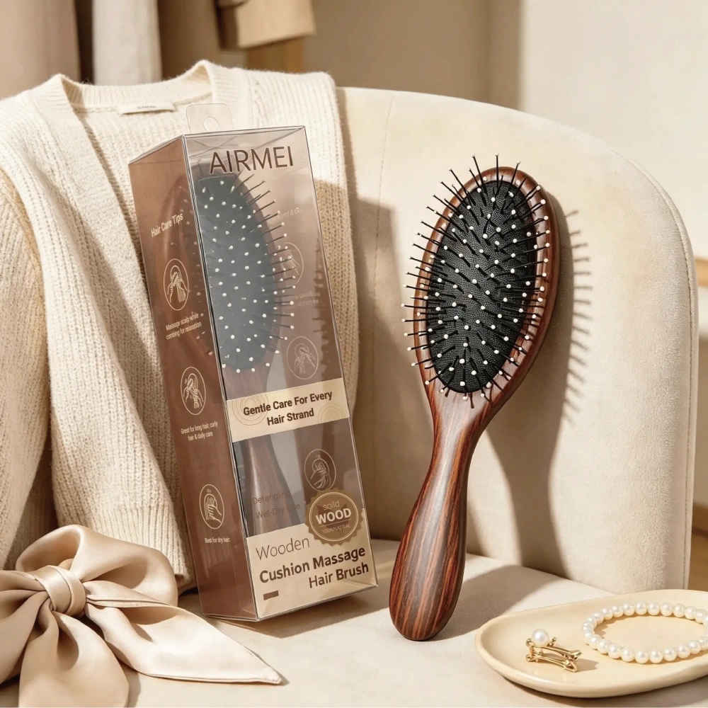 BSFL rosewood grain hairbrush clear packaging box with dieline design