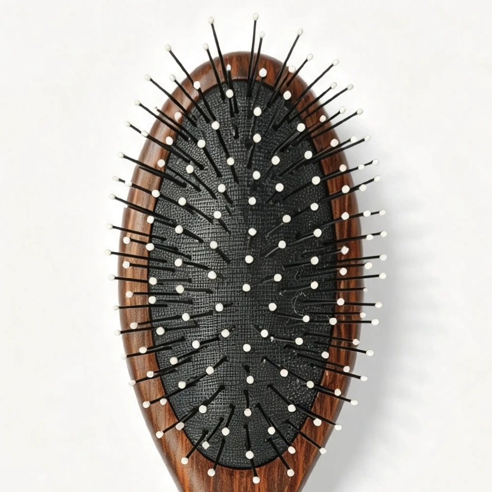 BSFL rosewood grain cushion hairbrush soft white tipped bristles close-up