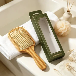 BSFL striped bamboo hairbrush with custom AIRMEI BEAUTY green window retail box