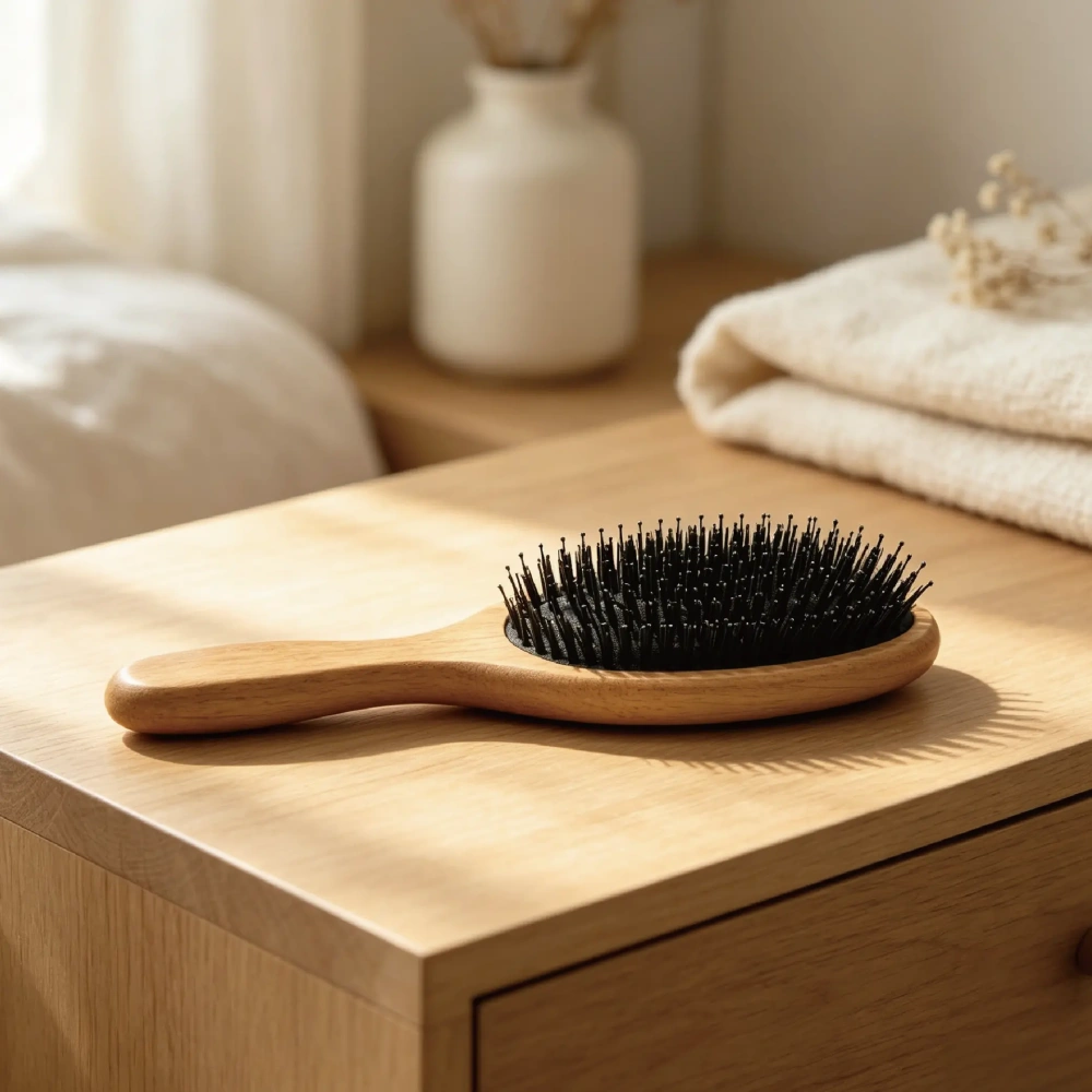 BSFL eco-friendly wooden boar bristle cushion hairbrush on wooden nightstand in bedroom