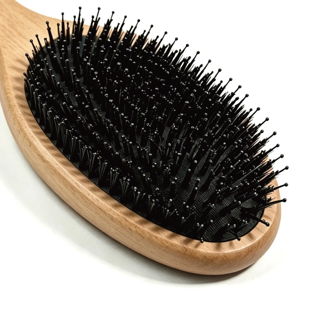 Close-up of BSFL natural boar bristles and black rubber cushion on wooden paddle brush